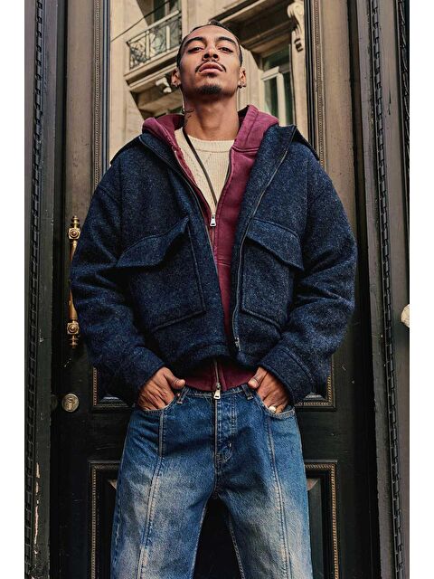 Abluka Online Erkek Oversize Tüylü Kaşe Ceket Lacivert - S000481754-21164