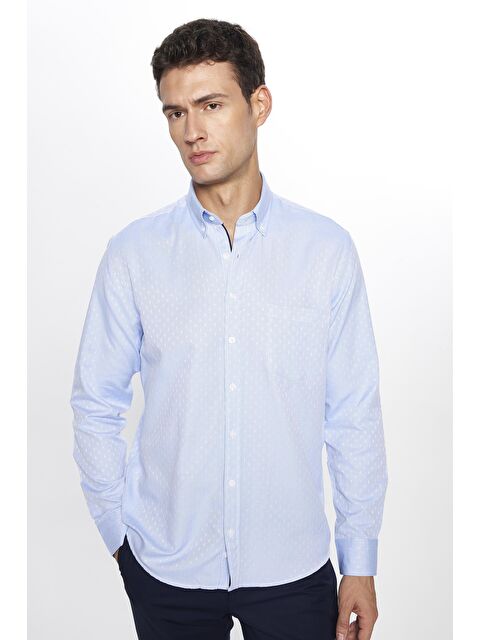 TUDORS Erkek Regular Fit Klasik Kesim Pamuklu Kolay Ütü Armürlü Mavi Düğmeli Yaka Gömlek - S000238292-17234