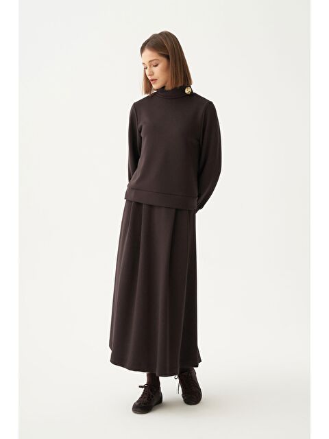 ALLDAY Acı Kahve-Yumuşak Dokulu Gold Düğmeli Etekli Takım - S000501439-19413