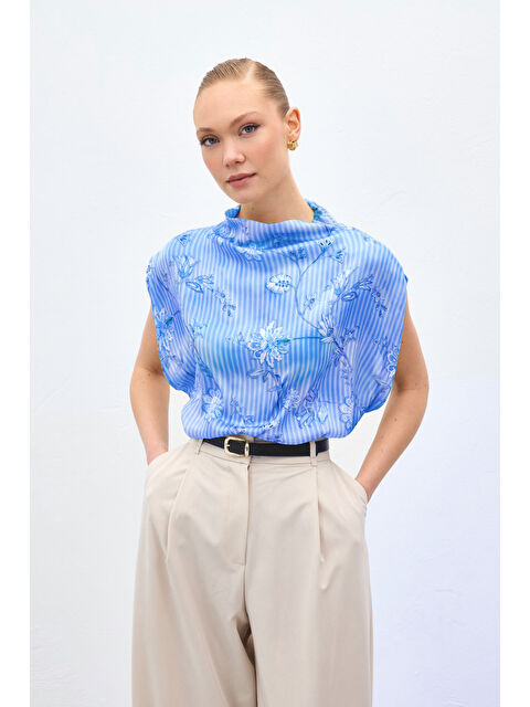 SATEEN Kısa Kollu Desenli Bluz - Mavi - S000511559-17234