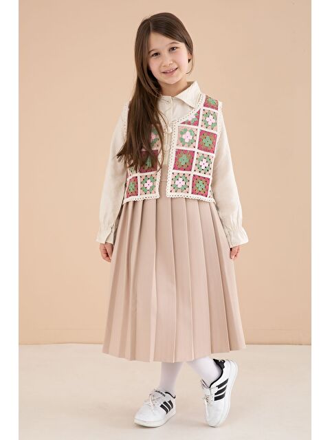 Cansın Mini Kahverengi Çiçek Desen Örgü Süveterli Gömlekli Kız Çocuk Etekli 3lü Takım 23583 - S000513667-19413