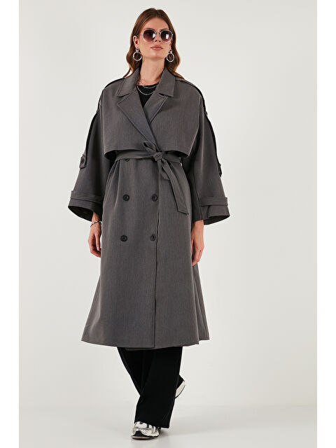 Lela Oversize Fit Kruvaze Yaka Düğmeli Kemerli Uzun Trençkot 6839476 - S000451020-29666