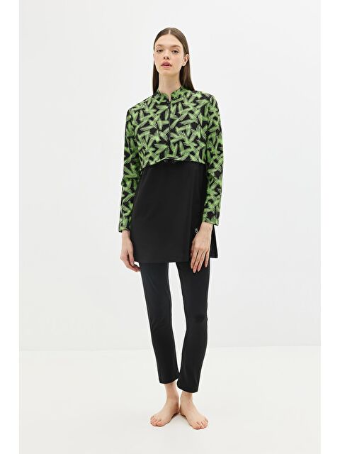 C&City Desenli Belden Büzgülü 4'Lü Tesettür Mayo 6220 Yeşil/Siyah - S000377801-18194