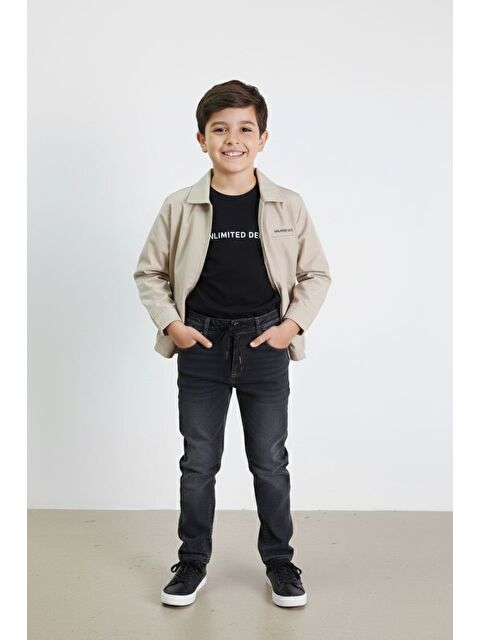 Cansın Mini Bej Yazılı Ceketli Jean Pantolonlu Erkek Çocuk 3lü Takım 23377 - S000498166-19928