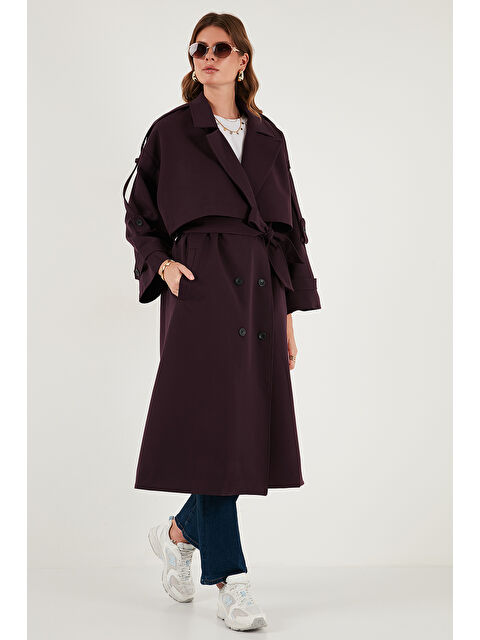 Lela Oversize Fit Kruvaze Yaka Düğmeli Kemerli Uzun Trençkot 6839476 - S000451020-20036