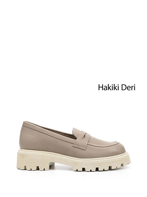 GÖNDERİ(R) Kadın BEJ-VİZON Kalın Topuklu Hakiki Deri Loafer Ayakkabı - S000502505-37219