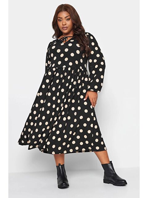 Stil Diva Büyük Beden Önü Bağlamalı Puantiye Desenli Uzun Kollu Midi Elbise 137626 - S000459576-19351