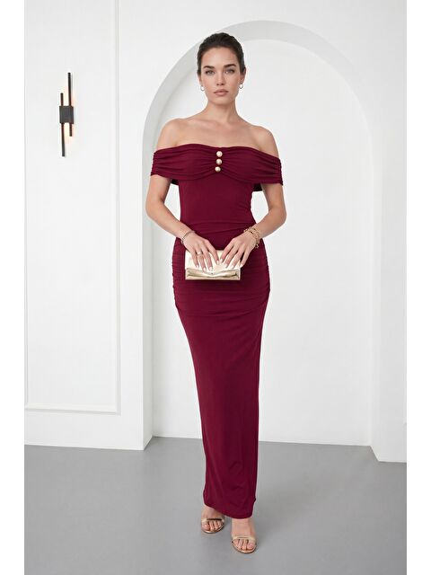Lafaba Kadın Bordo Kayık Yaka Gold Aksesuar Detay Maxi Davet Elbisesi