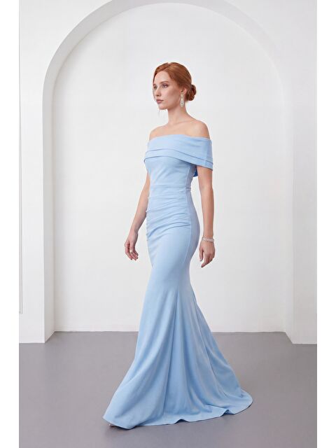 Lafaba Kadın Bebe Mavi Kayık Yaka Uzun Abiye Elbise