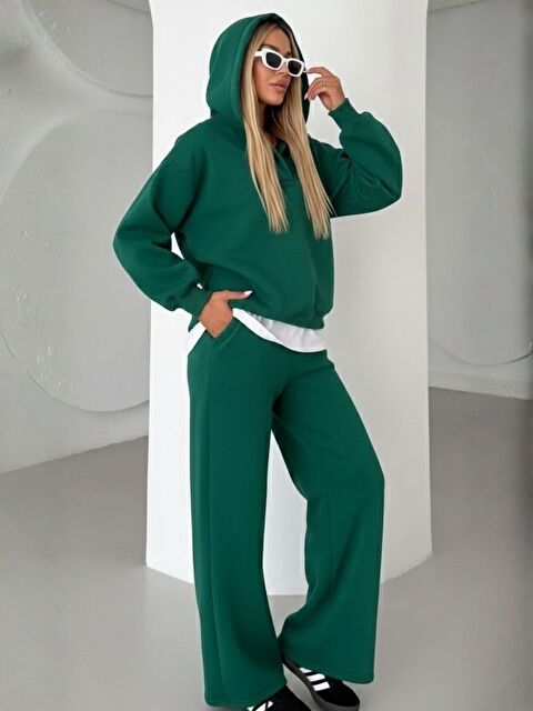 Trendseninle 3 İplik Yüksek Pamuklu Kalın Kışlık Patlı Yaka Kapüşonlu Eşofman Takım Yeşil - S000491323-18194