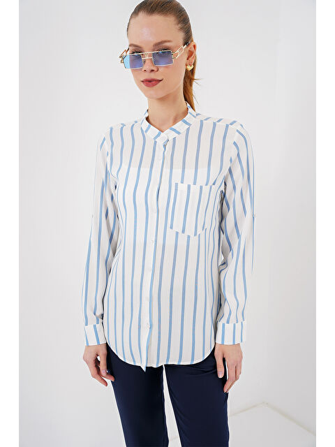 Bigdart Kadın Uzun Kollu Çizgili Gömlek 20283 - Mavi - S000377799-17234