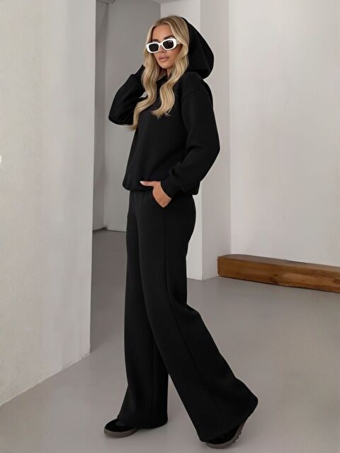 Trendseninle 3 İplik Yüksek Pamuklu Kalın Kışlık Patlı Yaka Kapüşonlu Eşofman Takım Siyah - S000491323-19351