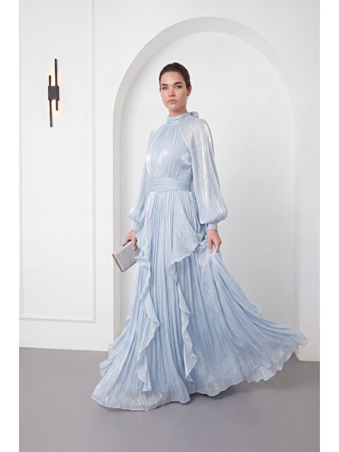 Lafaba Kadın Bebe Mavi Hakim Yaka Volanlı Uzun Kol Davet Elbisesi