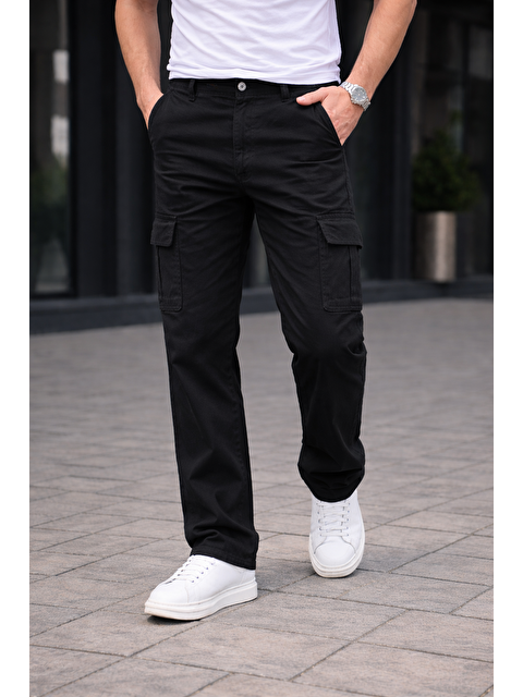 Comstar Erkek Trend Bol Paça Günlük Kargo Siyah Baggy Pantolon