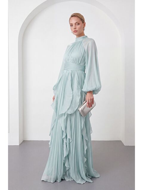 Lafaba Kadın Mint Yeşili Hakim Yaka Volanlı Uzun Kol Davet Elbisesi