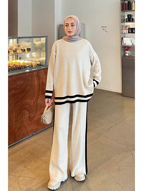 Lamelif Çizgili Pantolon Triko Tesettür Takım Krem