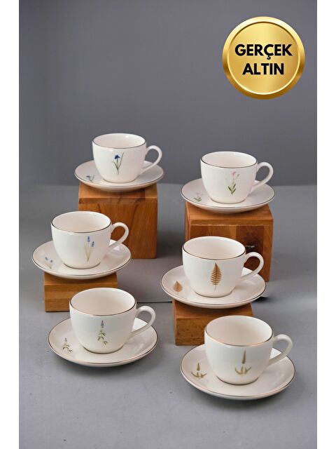 TABAK EVİ Porselen Natura Karma Altın Yaldızlı Çay Fincan Takımı 190cc 6 Kişilik 12 Parça - S000486816-37243