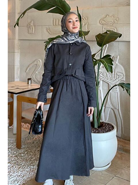 Lamelif Cep Detaylı İkili Etek Tesettür Takım Antrasit - S000515296-29666