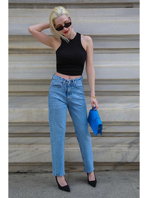 Madmext Mavi Yüksek Bel Kadın Mom Fit Pantolon Mg2389 - S000426215-17234