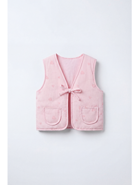 Magu Kız Çocuk Pamuklu Pembe Kalp Desenli Bağlamalı Yelek - S000503948-20024