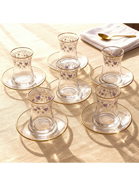GÜRAL PORSELEN Güral Cam 12 Parça 6 Kişilik Çay Takımı Mor Çiçek - S000486820-37646