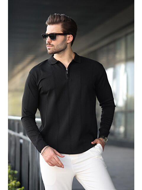 Madmext Siyah Polo Yaka Fermuarlı Erkek Kazak E7427 - S000440193-19351