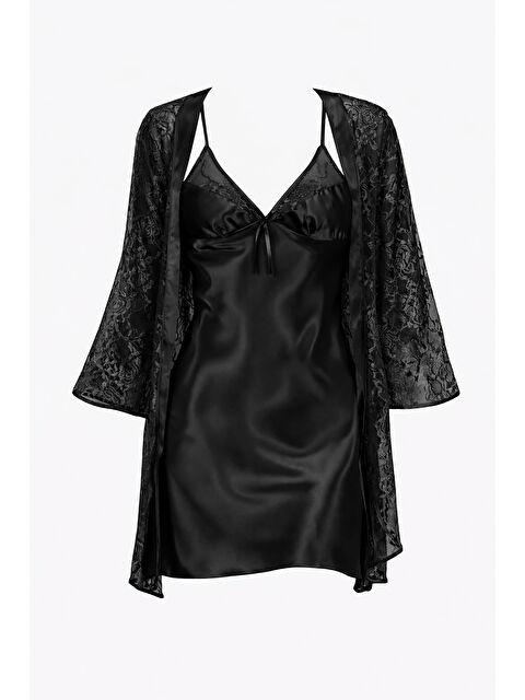 NBB Siyah Dantelli Saten Gecelik Sabahlık Takımı - S000452475-19351