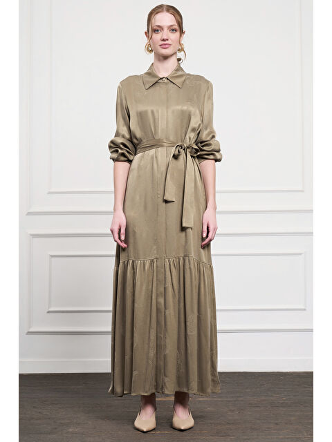 Nuss Desenli Kemer Detay Elbise 2044 Haki - S000368898-18547