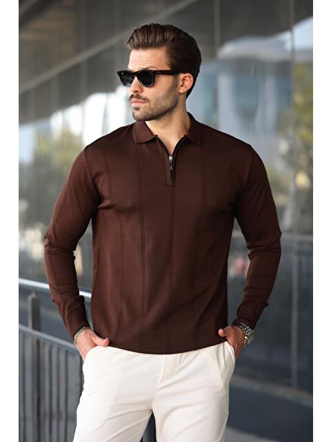 Madmext Kahverengi Polo Yaka Fermuarlı Erkek Kazak E7427 - S000440193-19413
