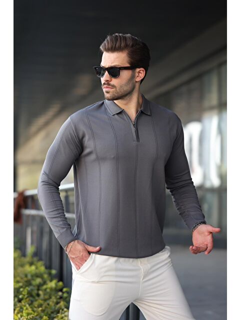 Madmext Antrasit Polo Yaka Fermuarlı Erkek Kazak E7427 - S000440193-29666