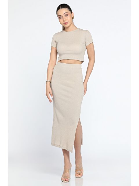 Gülseli Bisklet Yaka Midi Boy Elastanlı Yırtmaçlı Kaşkorse Kadın İkili Takım - S000352265-19928