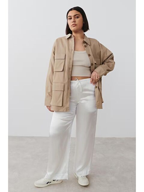 Madmext Beyaz Beli Büzgülü Saten Bol Paça Kadın Pantolon Mg2019 - S000426216-20063