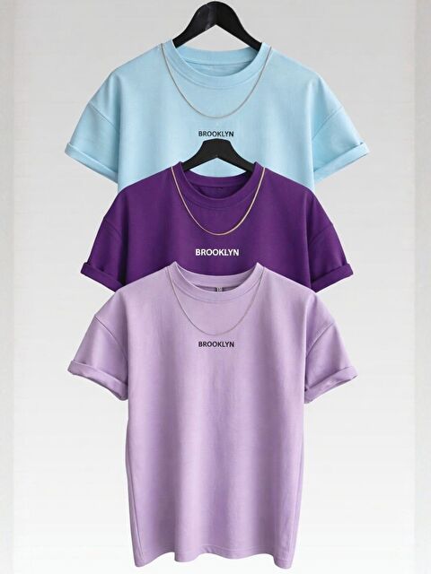 Trendseninle 3Lü Brooklyn Baskılı Tişört BebeMavi Mor Lila