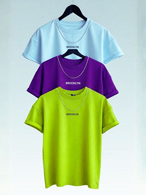 Trendseninle 3Lü Brooklyn Baskılı Tişört BebeMavi Mor Lime