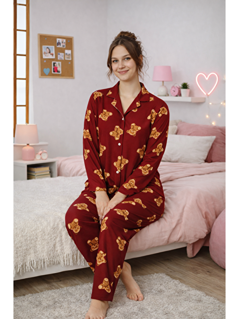 Formo Kadın Ayıcık Desenli Kaliteli Milan Kumaş Gömlek Yaka Düğmeli Yumuşak Tuşe Pijama Takımı - S000500746-19951