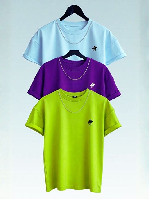 Trendseninle 3Lü Horse Baskılı Tişört BebeMavi Mor Lime