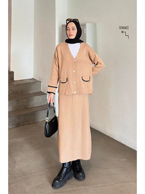 Lamelif Etek-Hırka Tesettürlü Triko Takım Sütlü Kahve - S000515317-4280