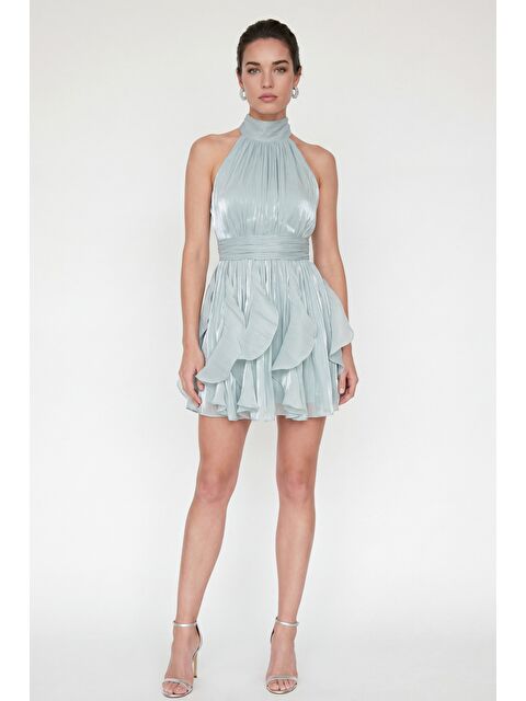 Lafaba Kadın Mint Yeşili Halter Yaka Volanlı Mini Mezuniyet Elbise