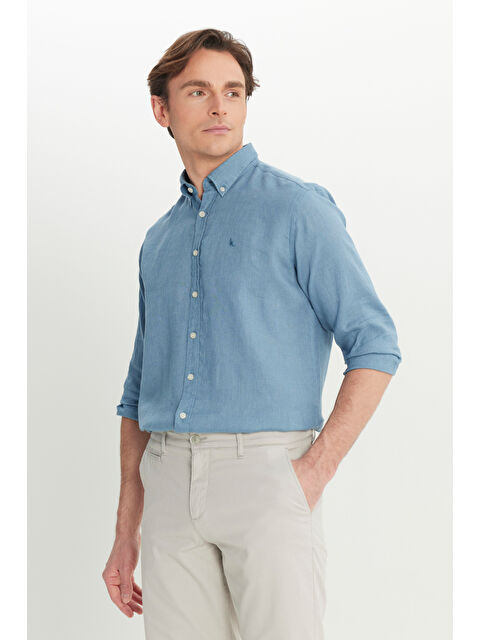 Altınyıldız Classics Erkek Petrol %100 Keten Comfort Fit Rahat Kesim Düğmeli Yaka Gömlek - S000421408-20019