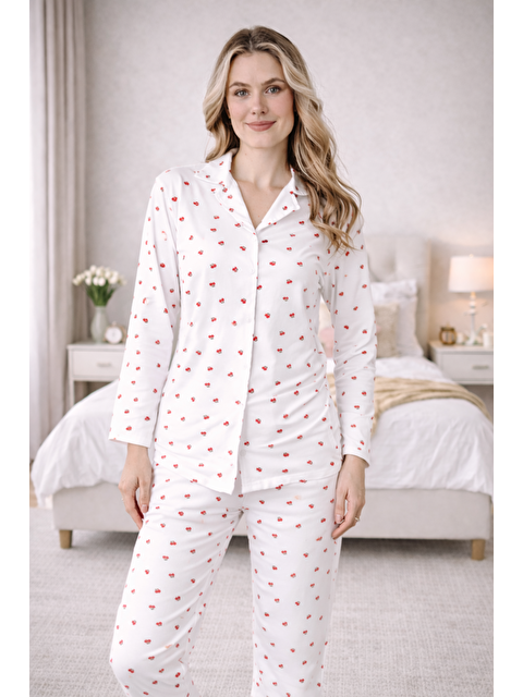 Formo Kadın Kiraz Desenli Kaliteli Milan Kumaş Gömlek Yaka Düğmeli Yumuşak Tuşe Pijama Takımı - S000501495-20063