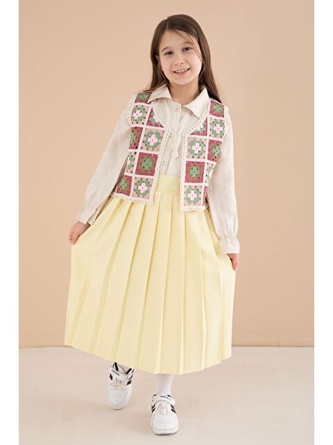 Cansın Mini Sarı Çiçek Desen Örgü Süveterli Gömlekli Kız Çocuk Etekli 3lü Takım 23582 - S000513667-20072