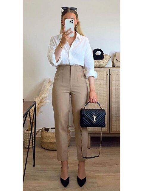 Madmext Bej Önü Biyeli Yüksek Bel Kadın Pantolon Mg2425 - S000426219-19928