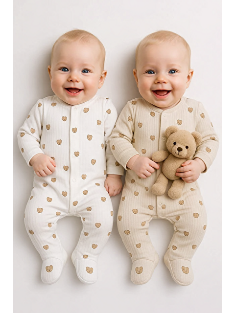 Verona Tarz Erkek Bebek 2li Tulum Takımı Ayıcık Desenli Pamuklu Fitilli Kumaş Patikli