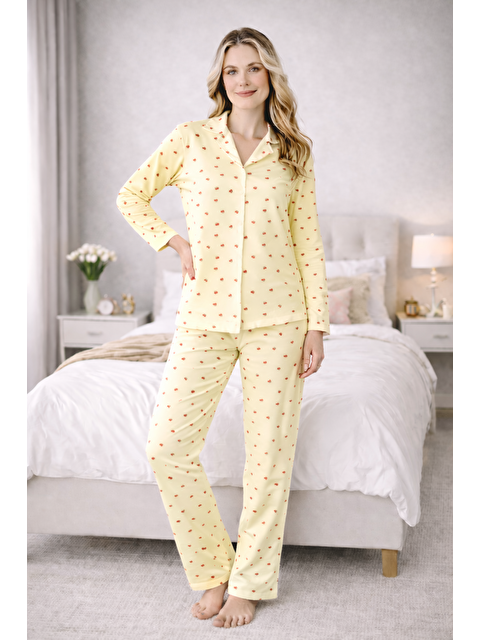 Formo Kadın Kiraz Desenli Kaliteli Milan Kumaş Gömlek Yaka Düğmeli Yumuşak Tuşe Pijama Takımı - S000501495-20072