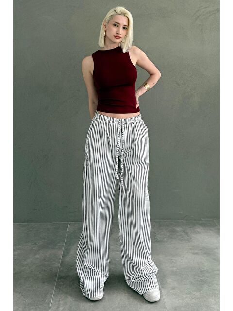 Madmext Beyaz Beli Ayarlanabilir Çizgili Cepli Bol Paça Kadın Pantolon Mg2312