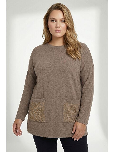 Stil Diva Büyük Beden Leopar Taş İşlemeli Kahve Yumoş Kazak 285100 - S000501496-19413