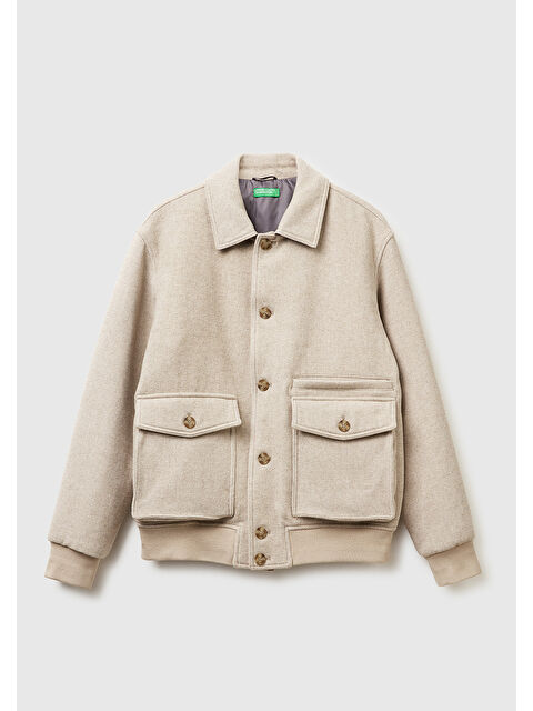United Colors Of Benetton Erkek Taş Rengi Yün Karışımlı Cep Detaylı Düğmeli Gömlek Yaka Ceket - S000461614-25636