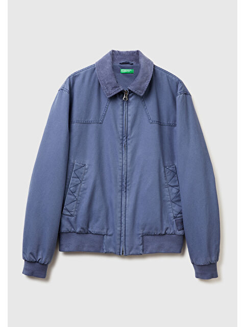 United Colors Of Benetton Erkek Açık Mavi %100 Pamuk Ribana Detaylı Fermuarlı Cepli Gömlek Yaka Ceket - S000461613-17437