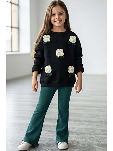 Riccotarz Kız Çocuk Üzeri Gül Figürlü 3 İplik Siyah Kazak Bol Kesim Skuba Kumaş Alt Üst Takım - S000460304-19351