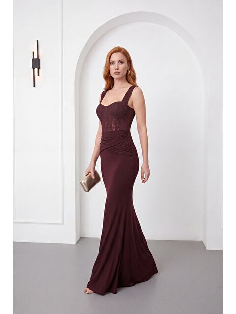 Lafaba Kadın Kahverengi Dantel Detay Örme Uzun Davet Elbisesi